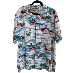 Paradise Found Mens Large Lighthouse Aloha Shirt Rayon Made in Hawaii Blue White